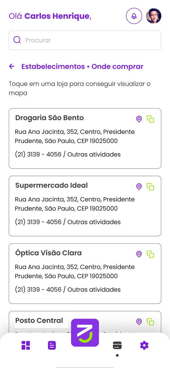 Tela de estabelecimentos credenciados com endereço e mapa
