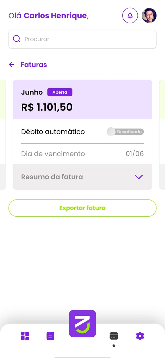 Tela de faturas com valor em aberto, débito automático e vencimento