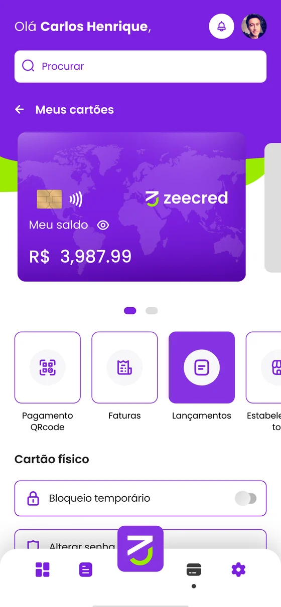 Tela inicial do aplicativo com cartão, saldo e ações rápidas
