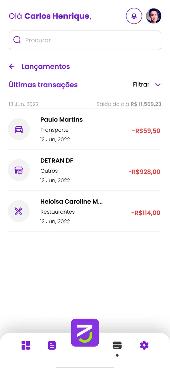 Tela de lançamentos com últimas transações e filtro