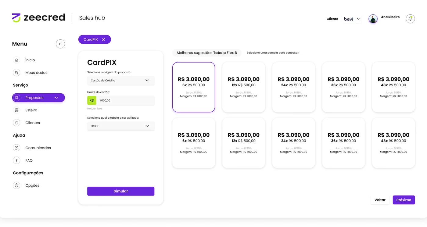 Simulação do CardPIX com grade de parcelas por tabela
