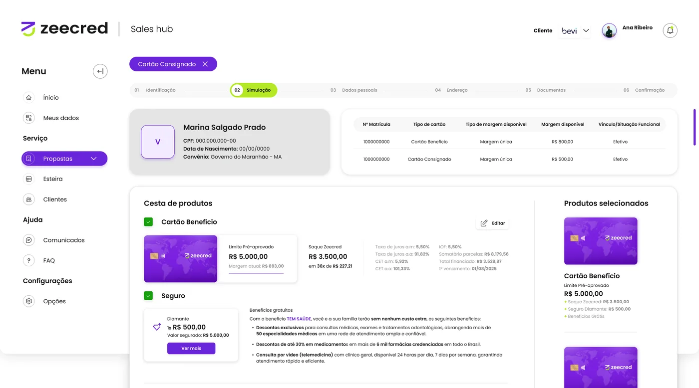 Etapa de simulação do cartão consignado com margem disponível, tipo de cartão e cesta de produtos