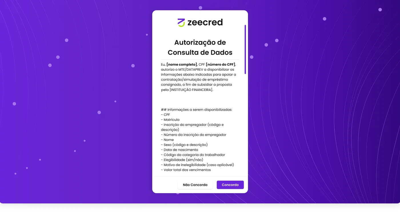 Termo de autorização de consulta de dados com campos discriminados e aceite