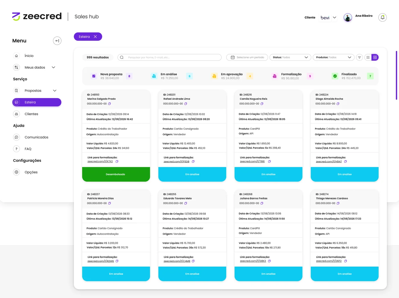 Esteira de propostas em kanban, com totalizador por etapa