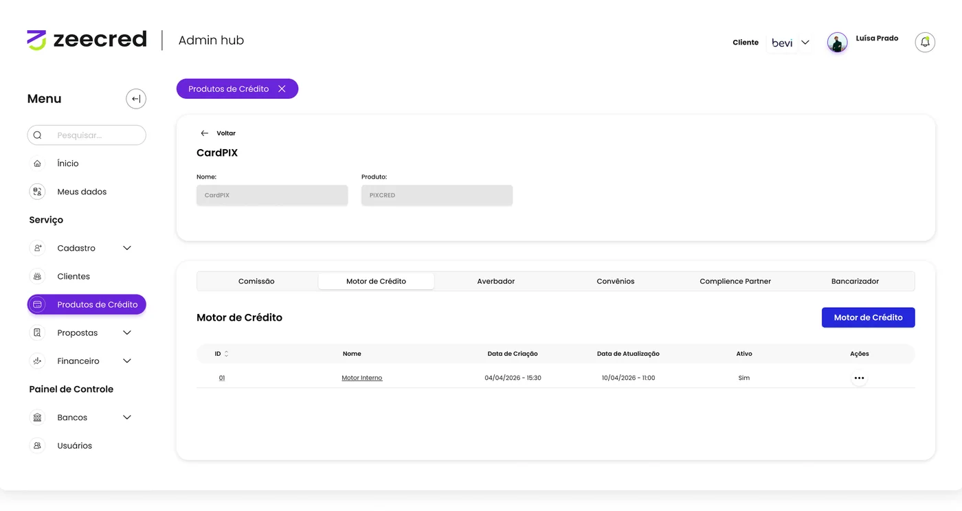 Configuração de produto de crédito com abas de motor, averbador, convênios e bancarizador