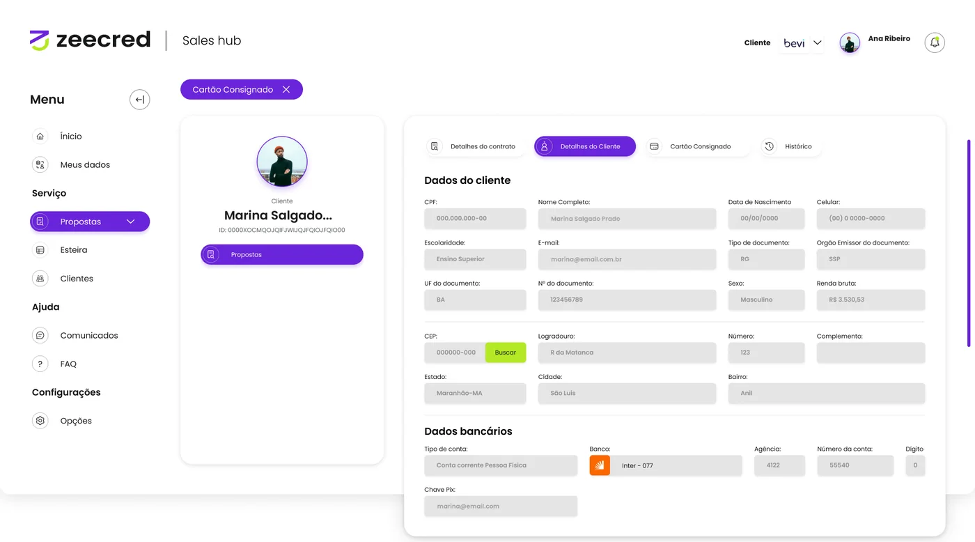Detalhes da proposta de cartão consignado com dados do cliente e dados bancários