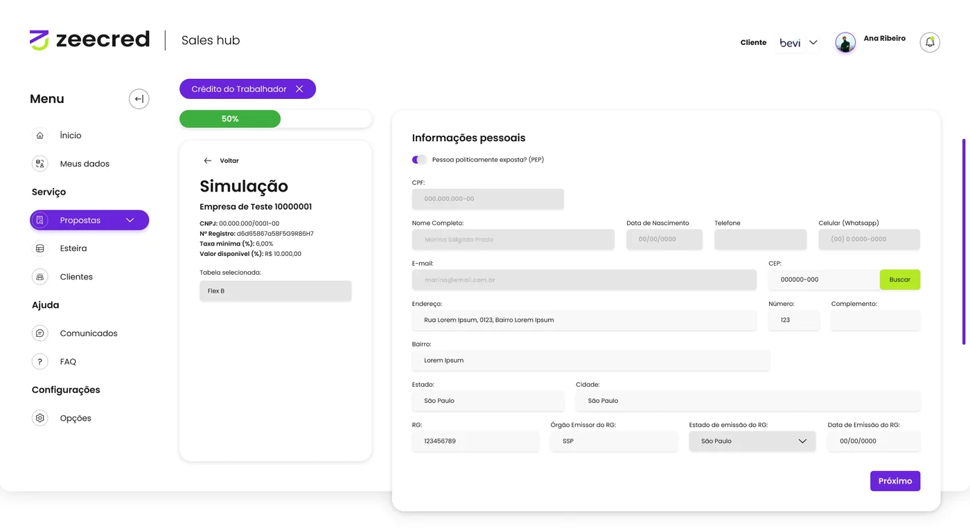 Simulação do Crédito do Trabalhador com empresa, margem e tabela